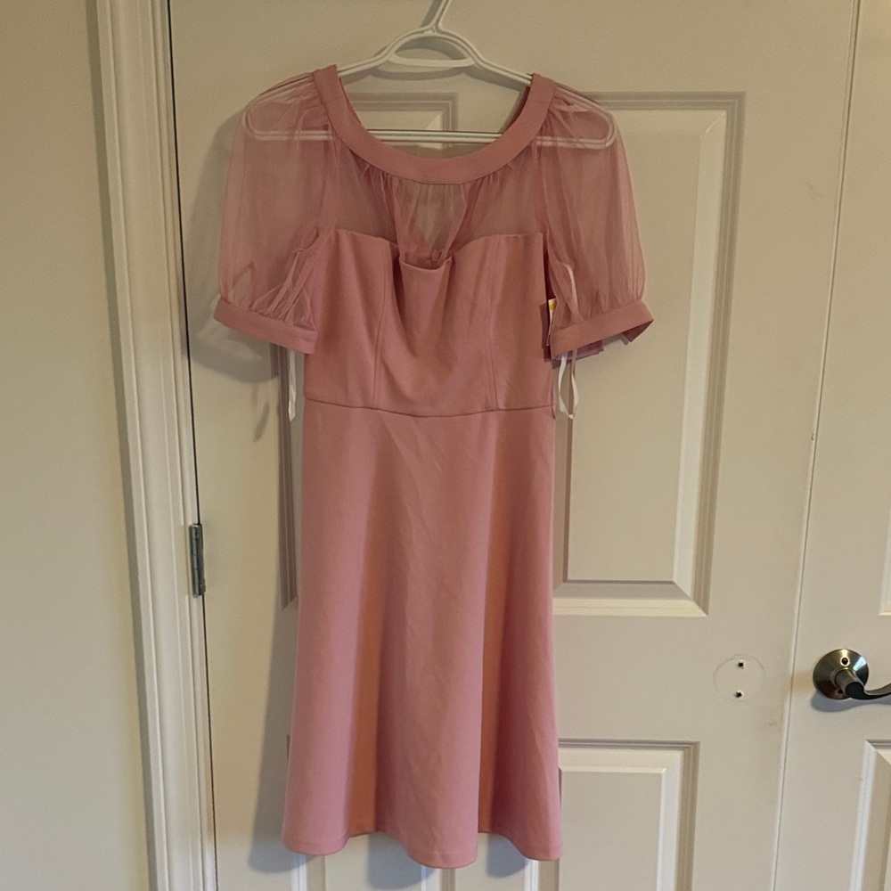 NWT Maggy London Lyra Fit & Flare Illusion Dress with Puff Sleeves Size 0 - Picture 3 of 9